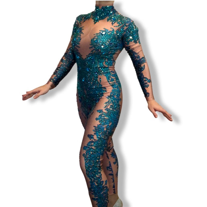 PRE ORDER 'Aqua Dreams' Blue Rhinestone Lace Illusion Bodysuit – Showgirl  Central