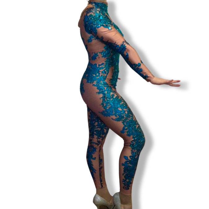 PRE ORDER ‘Aqua Dreams' Blue Rhinestone Lace Illusion Bodysuit