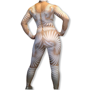 ‘Your Biggest Fan' White Swirl Rhinestone Illusion Bodysuit