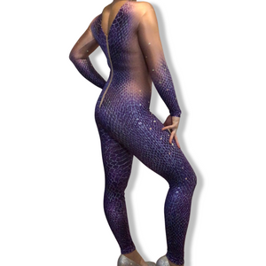 ‘Slither' Purple Scale Rhinestone Illusion Bodysuit