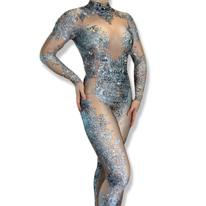 PRE ORDER ‘Silver Siren' Rhinestone Lace Illusion Bodysuit