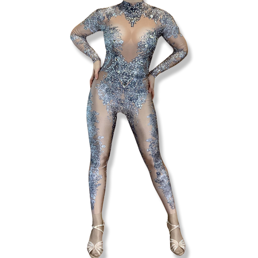 PRE ORDER ‘Silver Siren' Rhinestone Lace Illusion Bodysuit