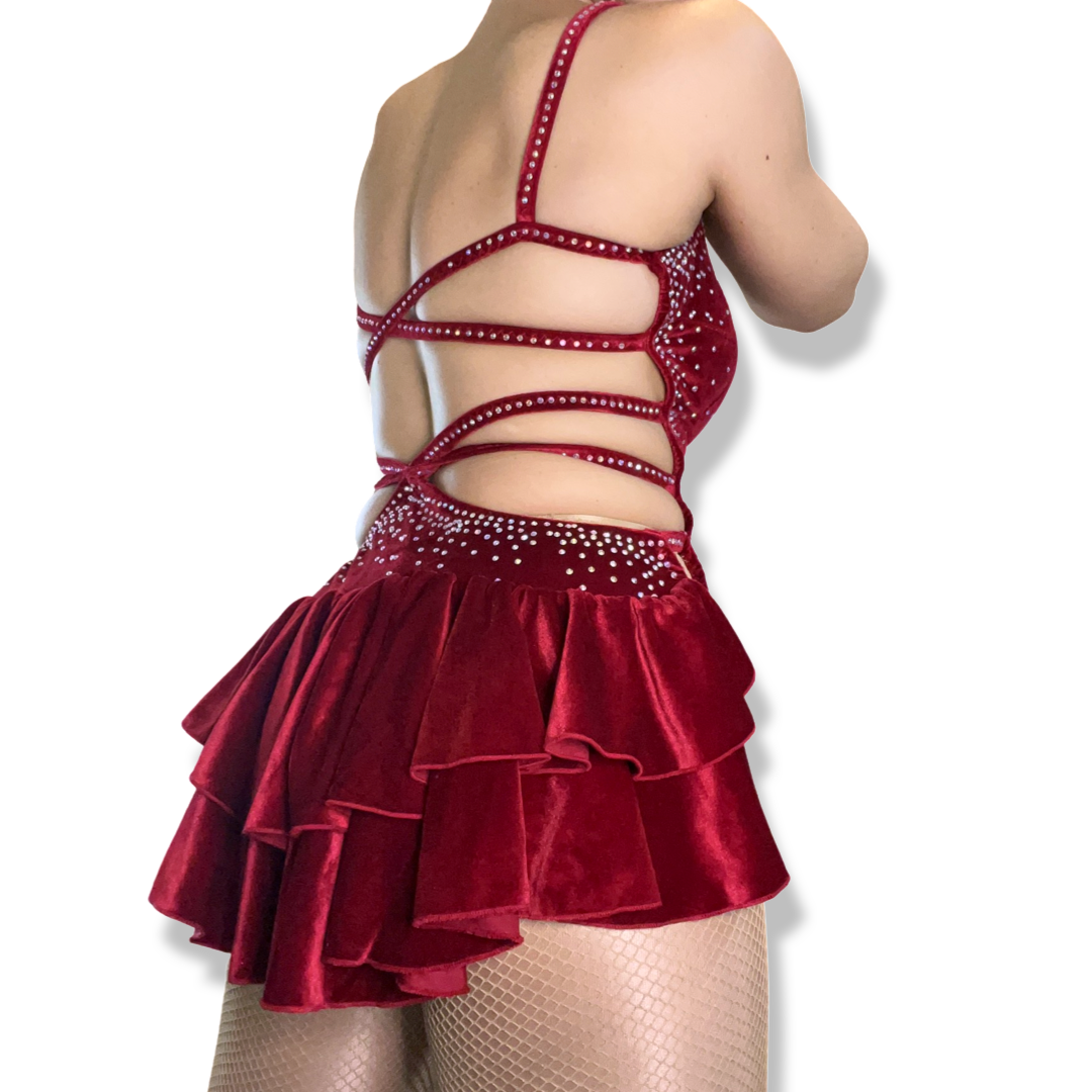 PRE ORDER ‘Diva' Red Velvet Strappy Rhinestone Leotard Dress
