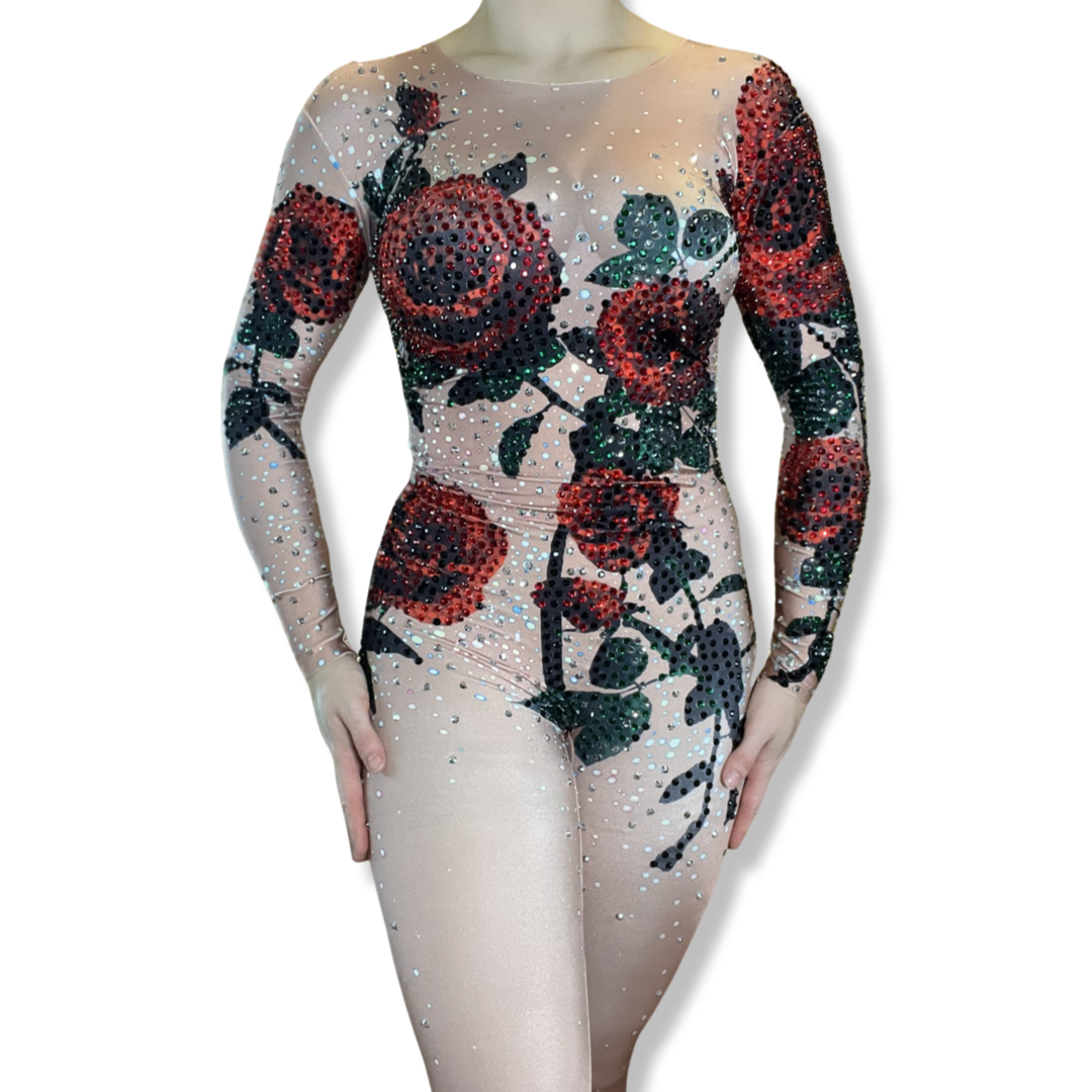 PRE ORDER  “Roses” Rhinestone Illusion Bodysuit